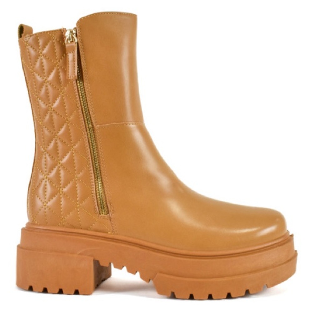 Tan Chunky Combat Boots with Quilted Texture